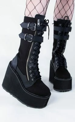 Demonia SWING-221 Black Canvas Platform Knee High Boots Shoes