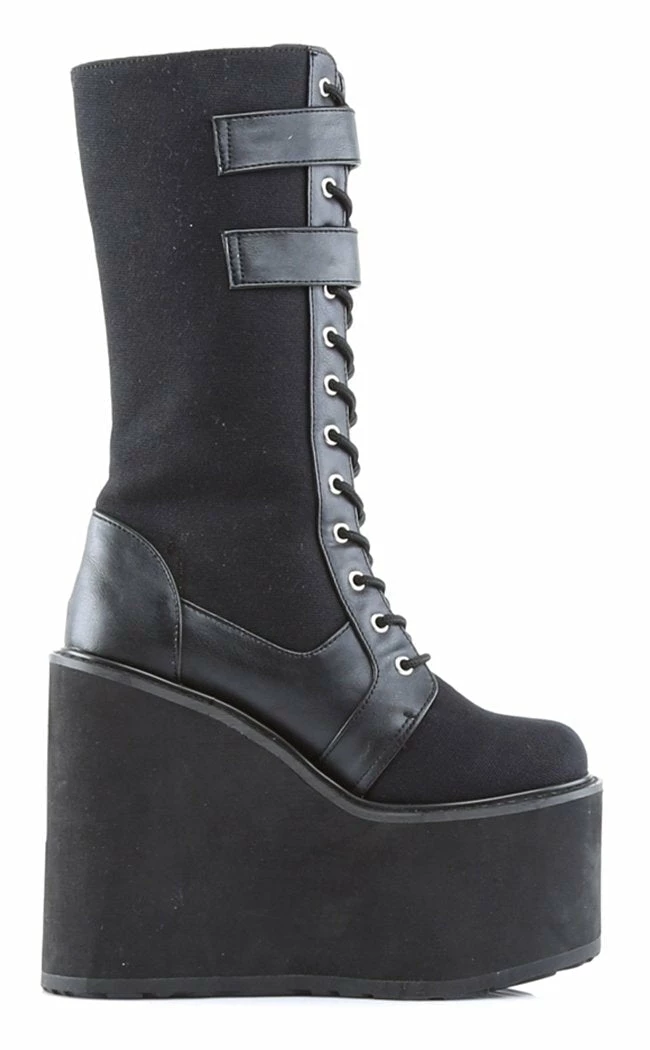 Demonia SWING-221 Black Canvas Platform Knee High Boots (Last Pair: Size 7) 7 Demonia SWING-221 Black Canvas Platform Knee High Boots (Last Pair: Size 7)