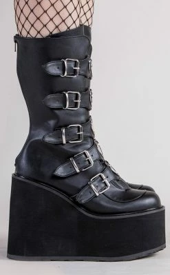 Demonia Shoes SWING-230 Black Vegan Leather Platform Mid-Calf Boots (Au Stock)