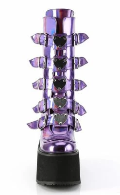 Demonia SWING-230 Purple Holographic Platform Mid-Calf Boots Shoes
