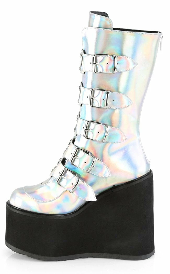 Demonia SWING-230 Silver Holographic Platform Mid-Calf Boots Shoes 5 Demonia SWING-230 Silver Holographic Platform Mid-Calf Boots Shoes