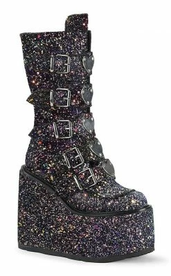 Demonia Shoes SWING-230G Black Glitter Platform Knee High Boots