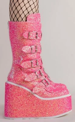 Demonia SWING-230G Pink UV Glitter Platform Mid-Calf Boots 9 Demonia SWING-230G Pink UV Glitter Platform Mid-Calf Boots