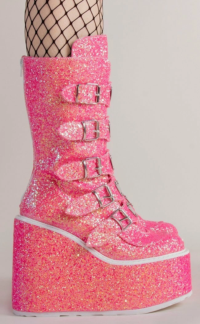 Demonia SWING-230G Pink UV Glitter Platform Mid-Calf Boots 5 Demonia SWING-230G Pink UV Glitter Platform Mid-Calf Boots