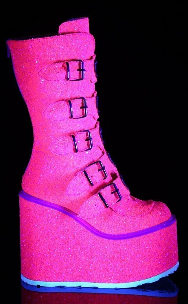 Demonia SWING-230G Pink UV Glitter Platform Mid-Calf Boots 6 Demonia SWING-230G Pink UV Glitter Platform Mid-Calf Boots