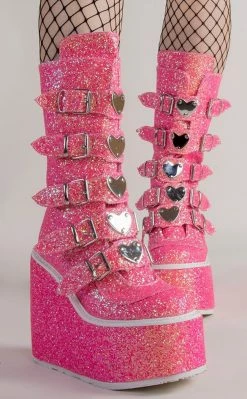 Demonia SWING-230G Pink UV Glitter Platform Mid-Calf Boots