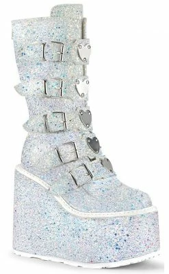 Demonia SWING-230G White UV Glitter Platform Mid-Calf Boots Shoes