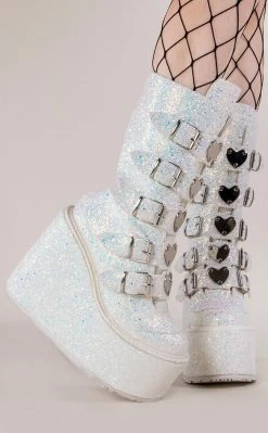 Demonia SWING-230G White UV Glitter Platform Mid-Calf Boots Shoes