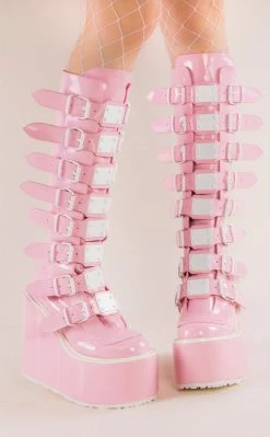 Demonia SWING-815 Baby Pink Holographic Trinity Platform Knee High Boots Shoes