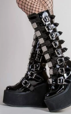 Demonia Shoes SWING-815 Black Patent Trinity Platform Knee High Boots