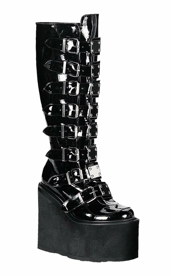 Demonia Shoes SWING-815 Black Patent Trinity Platform Knee High Boots 8 Demonia Shoes SWING-815 Black Patent Trinity Platform Knee High Boots