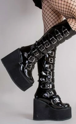 Demonia Shoes SWING-815 Black Patent Trinity Platform Knee High Boots