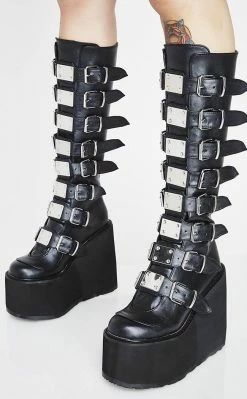 Demonia Shoes SWING-815 Black Trinity Platform Knee High Boots