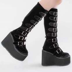 Demonia SWING-815 Black Velvet Trinity Platform Knee High Boots Shoes