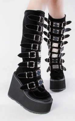 Demonia SWING-815 Black Velvet Trinity Platform Knee High Boots Shoes