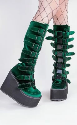 Demonia SWING-815 Emerald Velvet Trinity Platform Knee High Boots