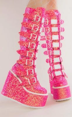 Demonia Shoes SWING-815 Pink Glitter Trinity Platform Knee High Boots (Au Stock)