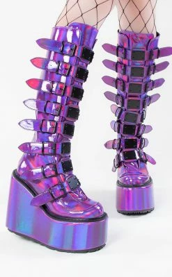 Demonia SWING-815 Purple Holo Trinity Platform Knee High Boots (Au Stock) Shoes
