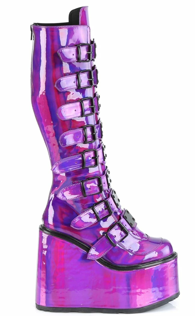 Demonia SWING-815 Purple Holo Trinity Platform Knee High Boots Shoes 6 Demonia SWING-815 Purple Holo Trinity Platform Knee High Boots Shoes