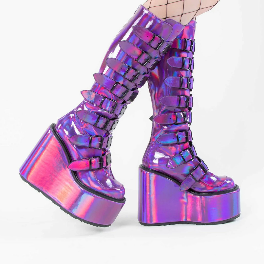 Demonia SWING-815 Purple Holo Trinity Platform Knee High Boots Shoes 8 Demonia SWING-815 Purple Holo Trinity Platform Knee High Boots Shoes