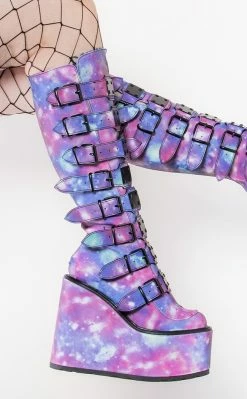 Demonia SWING-815 UV Galaxy Trinity Platform Knee High Boots (Au Stock)