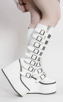 Demonia SWING-815 White Trinity Platform Knee High Boots Shoes