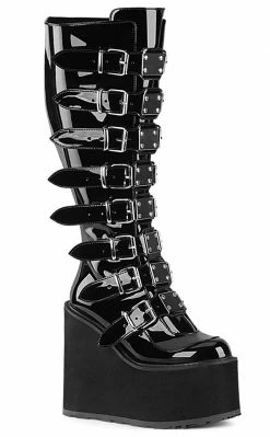 Demonia SWING-815WC Black Patent Trinity Knee High Boots | Wide Calf (Au Stock)