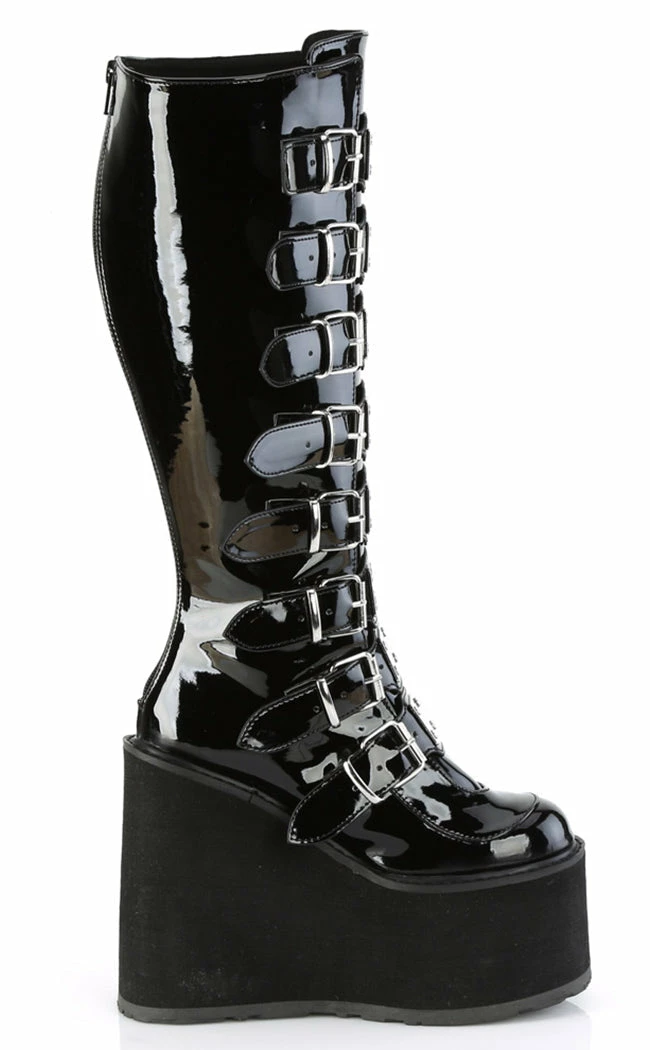 Demonia Plus Size SWING-815WC Black Patent Trinity Knee High Boots | Wide Calf 9 Demonia Plus Size SWING-815WC Black Patent Trinity Knee High Boots | Wide Calf