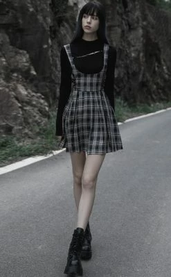 Punk Rave Stone Silence Pleated Dress | Black & Yellow Tartan Clothing