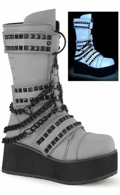 Demonia TRASHVILLE-138 Grey Reflective Platform Boots