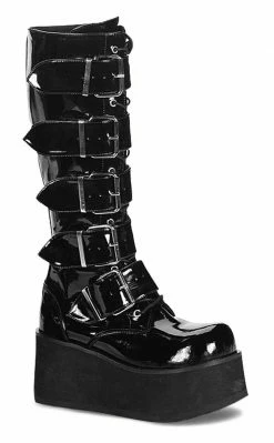 Demonia Shoes TRASHVILLE-518 Black Patent Platform Knee High Boots (Au Stock)