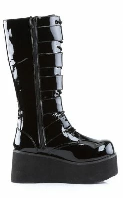 Demonia Shoes TRASHVILLE-518 Black Patent Platform Knee High Boots (Au Stock)