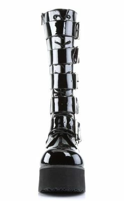 Demonia Shoes TRASHVILLE-518 Black Patent Platform Knee High Boots