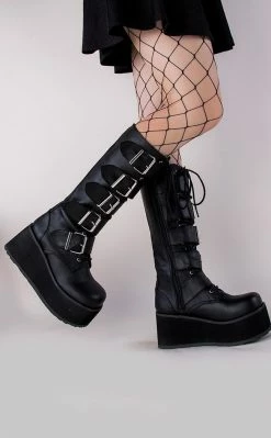 Demonia TRASHVILLE-518 Black Vegan Leather Platform Knee High Boots