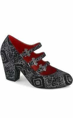 Demonia VIVIKA-38 Black & Silver Faux Nubuck Mary Jane Heels
