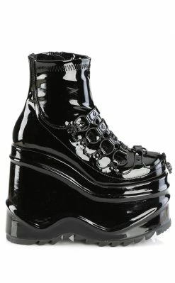 Demonia WAVE-110 Black Patent Stretch Ankle Boots Shoes