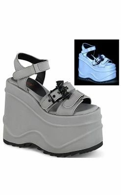 Demonia Shoes WAVE-13 Grey Reflective Platform Sandals