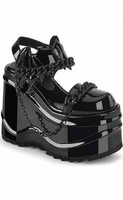 Demonia WAVE-20 Black Patent Leather Platform Sandals