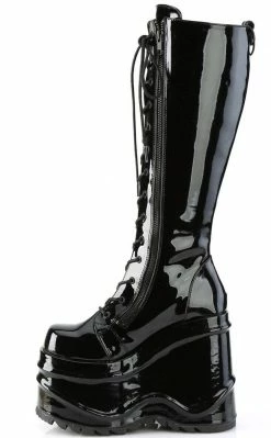 Demonia WAVE-200 Black Patent Knee High Platform Boots Shoes