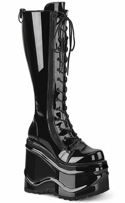Demonia Sale WAVE-200 Black Patent Knee High Platform Boots (Last Pair: Size 12)