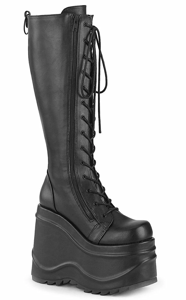 Demonia WAVE-200 Black Vegan Leather Knee High Platform Boots 3 Demonia WAVE-200 Black Vegan Leather Knee High Platform Boots