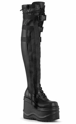 Demonia Shoes WAVE-315 Black Matte Thigh High Platform Boots