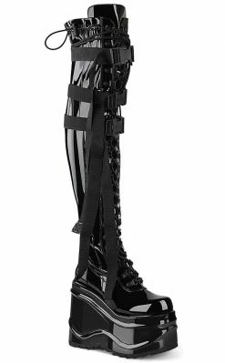 Demonia Shoes WAVE-315 Black Patent Thigh High Platform Boots