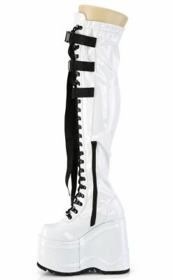 Demonia WAVE-315 White Patent Thigh High Platform Boots Shoes