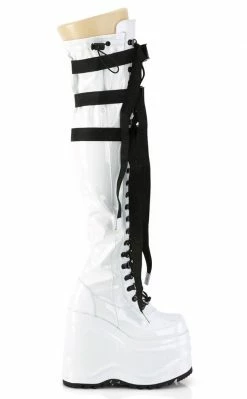 Demonia WAVE-315 White Patent Thigh High Platform Boots Shoes