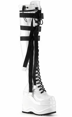 Demonia WAVE-315 White Patent Thigh High Platform Boots Shoes