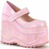 Demonia WAVE-32 Baby Pink Holographic Platform Mary Janes