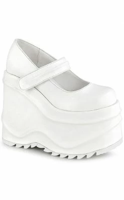Demonia WAVE-32 White Vegan Leather Platform Mary Janes Shoes