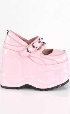 Demonia WAVE-48 Baby Pink Holographic Platform Mary Janes