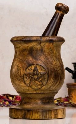 TB Wooden Pentagram Mortar And Pestle Witchcraft
